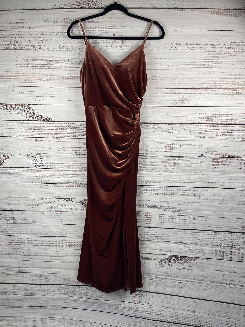 Revelry Dress Women's 6 Brown Velvet Ruched Side Slit Formal Gown Maxi V Neck